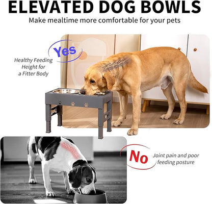 LAKIPETN Elevated Dog Bowls with 2 Stainless Steel Bowls, Raised Dog Food Bowl Stand 5 Height Adjustable (3.1", 9", 10", 11", 12") Non-Slip Feeder Set for Medium and Large Dogs - Gray
