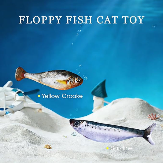 Realistic Floppy Fish Cat Toy with Catnip Toys for Cats Interactive Cat Toys for All Breeds Tap-Activated 3 Flapping Mode Sardine/Yellow Croaker,7.1 Inches,with Catnip,Rechargeable