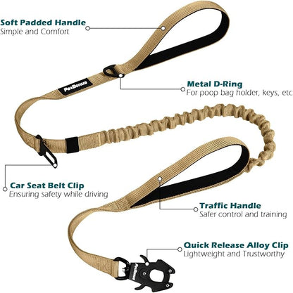 PetBonus Heavy Duty Tactical Dog Leash, 5 FT Bungee Shock Absorption Leash with 2 Padded Handles, Quick Release Metal Clip, Car Seatbelt, No Pull Training Lead for Large Medium Dogs（Khaki）