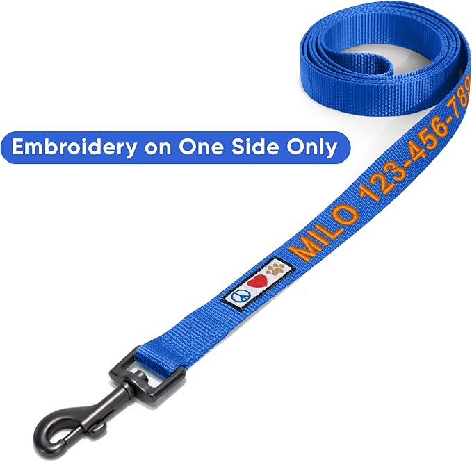 Pawtitas Personalized 6 ft Blue Dog Leash XS/S Custom Name and Phone Embroidery Strong Nylon Leash for Small Breeds