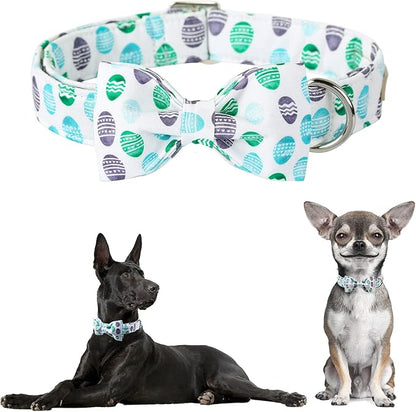 Easter Dog Collar with Bow Tie - Adjustable Easter Eggs Dog Collar Classic Bowtie Metal Buckle Puppy Collars for Small Medium Large Dogs M