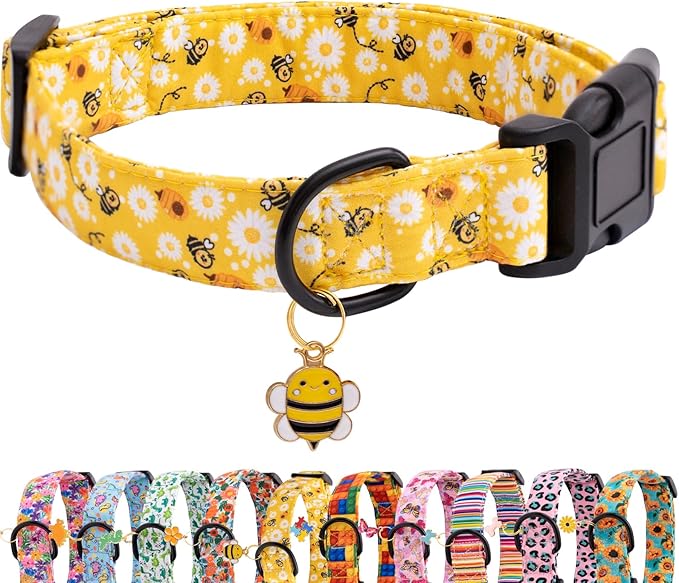 Faygarsle Dog Collar for Small Medium Large Dogs Yellow Puppy Collars for Female Dogs Floral Bee Daisy Patterned Pet Collars for Summer Spring Wedding Puppy Girl Dog Collar S