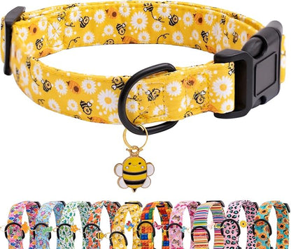Faygarsle Dog Collar for Small Medium Large Dogs Yellow Puppy Collars for Female Dogs Floral Bee Daisy Patterned Pet Collars for Summer Spring Wedding Puppy Girl Dog Collar S