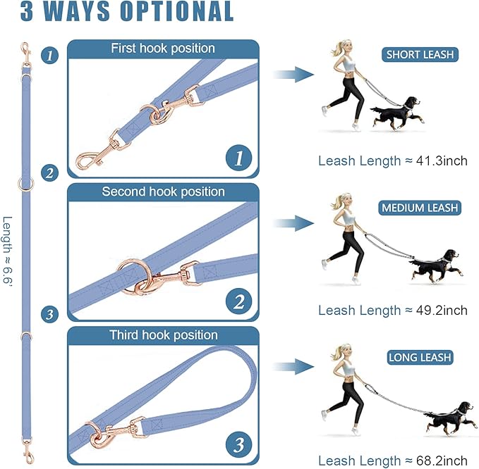 Soft Leather Dog Collar and Leash (6.6') Set - Stylish Rose Gold Heavy Duty Metal Buckle, 4 Adjustable Lengths Leash for Small Medium Large Dogs - Comfortable & Easy to Clean BluePurple L(15.4"-24.8")