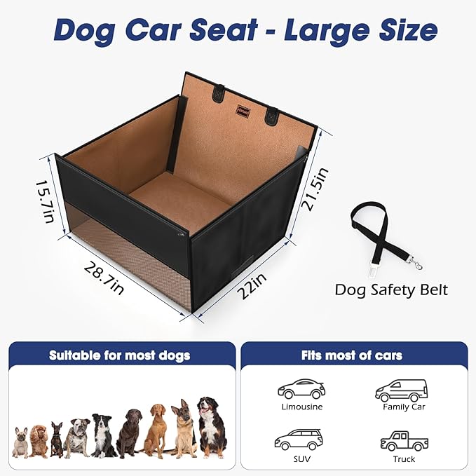 FURTIME Large Dog Car Seat, Upgraded PU Leather Back Seat Extender with Hard Bottom, Waterproof Pet Car Seat Cover for Medium Sized Dog, Pet Hammock for Cars, SUVs, Trucks, Brown