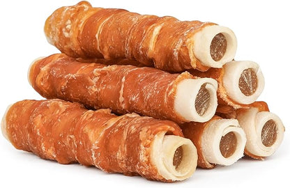 MON2SUN Dog Treats 5 Inch Chicken Wrapped Stuffed Rawhide Rolls with Beef and Chicken Liver, Rawhide Chews for Small and Medium Dogs, 10.6 oz (6 Count)