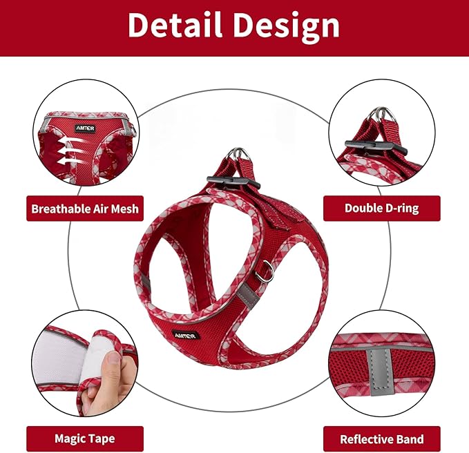 AMTOR Small Dog Harness with Leash Set, No Escape Easy Walk Puppy Harnesses for Training Walking, Step-in Reflective Soft Dogs Vest for XS S Medium Extra-Small Large Sized Dog(XL Size,Red/White)