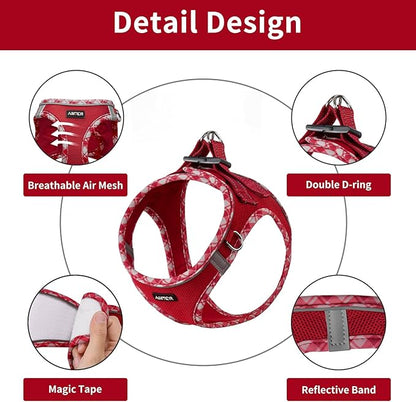 AMTOR Small Dog Harness with Leash Set, No Escape Easy Walk Puppy Harnesses for Training Walking, Step-in Reflective Soft Dogs Vest for XS S Medium Extra-Small Large Sized Dog(S Size,Red/White)