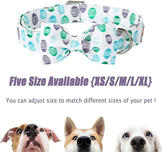 Easter Dog Collar with Bow Tie - Adjustable Easter Eggs Dog Collar Classic Bowtie Metal Buckle Puppy Collars for Small Medium Large Dogs M