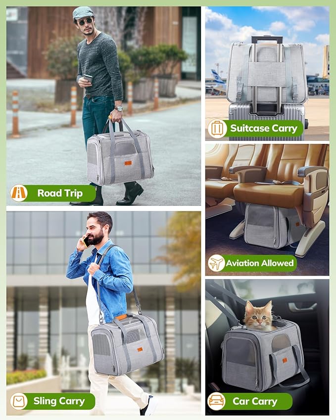 Morpilot Portable Cat Carrier - Soft Sided Cat Carrier for Medium Cats and Puppy up to 15lbs, Pet Carrier with Locking Safety Zippers, Foldable Bowl, Airline Approved Travel Dog Carrier - Light Gray