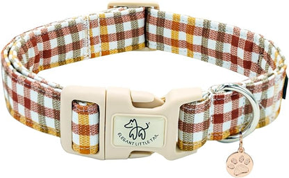 Elegant little tail Fall Dog Collar, Plaid Puppy Collars Fall Yellow Male Cute Puppy Adjustable Cotton Pet Collar with Quick Release Buckle for Small Medium Large Dogs