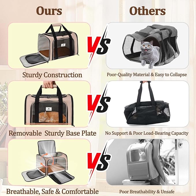 DSDCDJ Cat Carrier Dog Carrier - Soft-Sided Cat Carrier with Plush Pad & Cooling Mat, Easy-Load 4-Side Zipper & 3-Side Mesh Ventilation, Pet Carrier Airline Approved for Cats/Dogs Up to 20 lbs, Brown