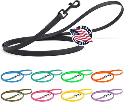 Dogline Biothane Waterproof Dog Leash Strong Coated Nylon Webbing with Black Hardware Odor-Proof Easy to Clean High Performance for Small or Large Dogs Made in USA 4 or 6 ft Lead, Black