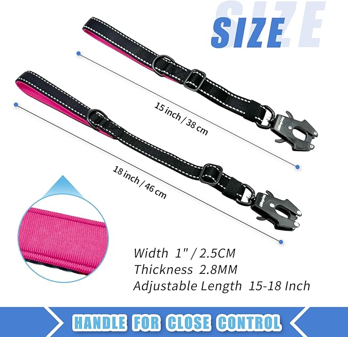 Strong Heavy Duty Dog Leash - Adjustable 15"-18" Reflective Nylon Training Leash with Padded Handle & Frog Clip, Traffic Control for Large Medium Dogs No Pull Walking Black Pink