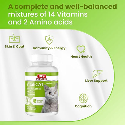 Bio PetActive VitaliCAT Multivitamin Chews for Cats with Biotin, Vitamins A E B-Complex & Amino Acids - Supports Healthy Skin, Shiny Coat & Overall Wellness - 150 Chewable Tablets