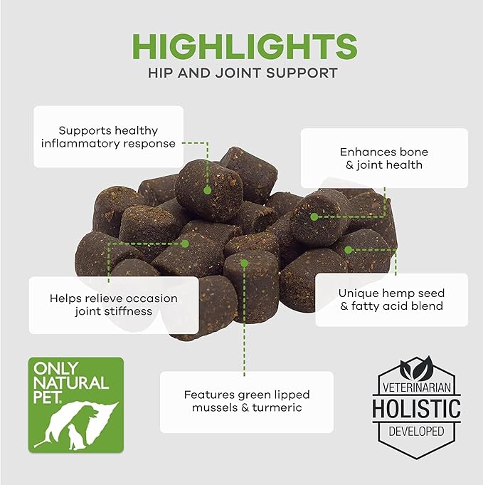 Only Natural Pet Hemp Hip & Joint Support for Dogs - Supplement for Mobility Wellness Pain Relief Healthy Inflammatory & Bone Stiffness - Chews w/Fatty Acid Blend Mussels & Turmeric - 60-Ct (2-Packs)