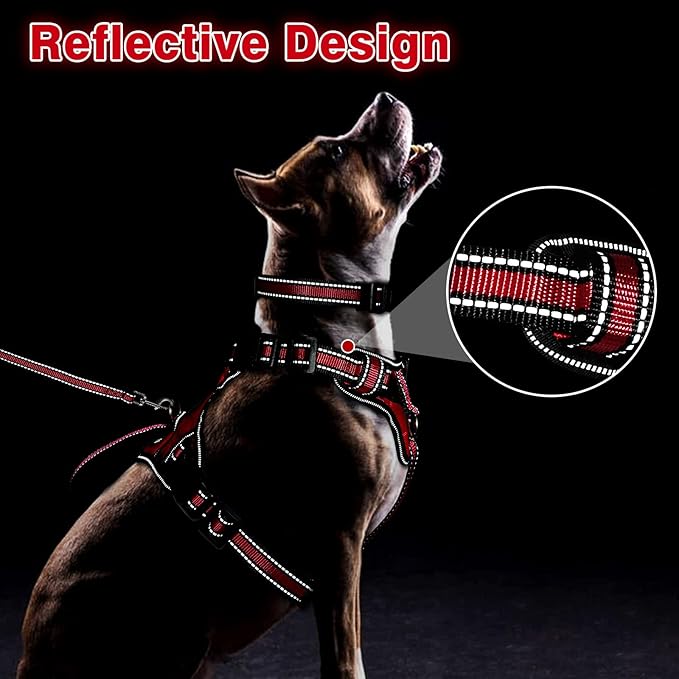 WINSEE Pet Harness Collar and Leash Set, All-in-one Reflective Dog Harness No Pull with Adjustable Buckles for Puppies, Small, Medium, Large, and Extra-Large Dogs (Large, Red)