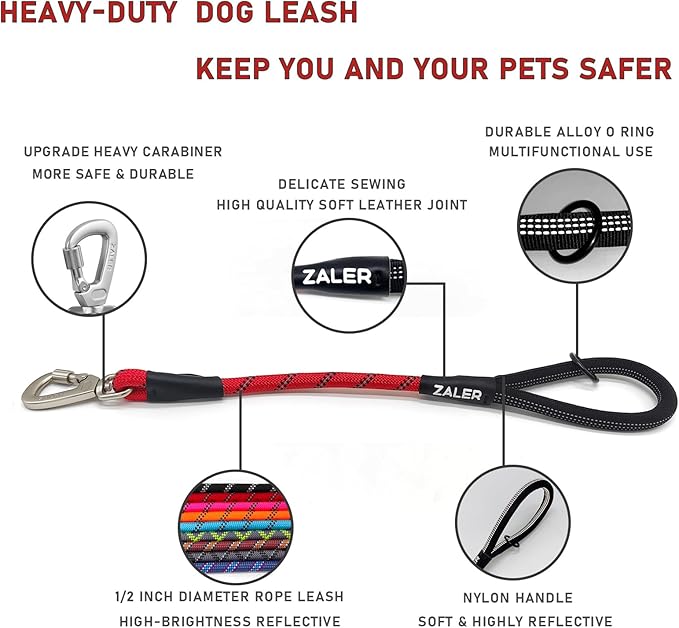 ZALER Short Dog Leash, 26 Inches Rope Traffic Leashes for Dogs, Reflective Dog Lead with O-Ring, Heavy Duty Pet Leash for Large and Medium Dogs (26'' Red)