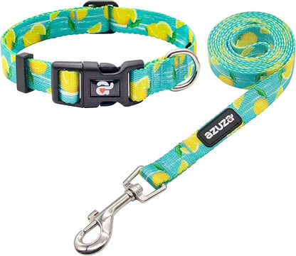 azuza Dog Collar and Leash Set, Lemon Patterns on Blue Nylon Collar and Matching Leash, Great Option for Large Dogs