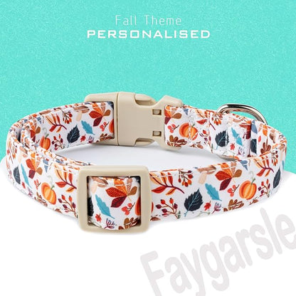 Faygarsle Fall Dog Collar, Autumn Floral Pattern with Maple Leaf Charm, White with Pumpkins and Leaves for Small Medium Large Dogs XS