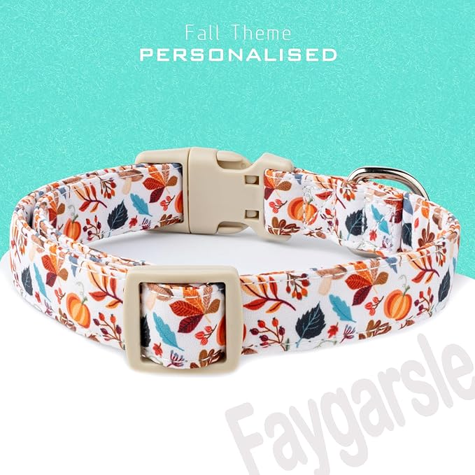 Faygarsle Fall Dog Collar, Autumn Floral Pattern with Maple Leaf Charm, White with Pumpkins and Leaves for Small Medium Large Dogs M