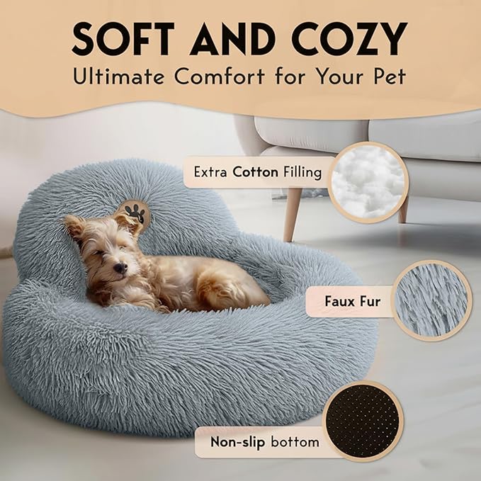 PetJett Calming Small Dog Bed - 23'' Round Dog Beds, Anti-Slip & Washable Super Soft Fluffy Plush Faux Fur Pet Bed, Anti-Anxiety Premium Comfort Donut Puppy Bed, Fits Dogs up to 25 lbs - Bright Grey