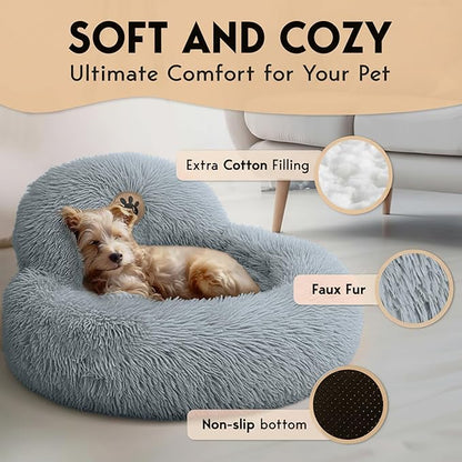 PetJett Calming Small Dog Bed - 23'' Round Dog Beds, Anti-Slip & Washable Super Soft Fluffy Plush Faux Fur Pet Bed, Anti-Anxiety Premium Comfort Donut Puppy Bed, Fits Dogs up to 25 lbs - Bright Grey