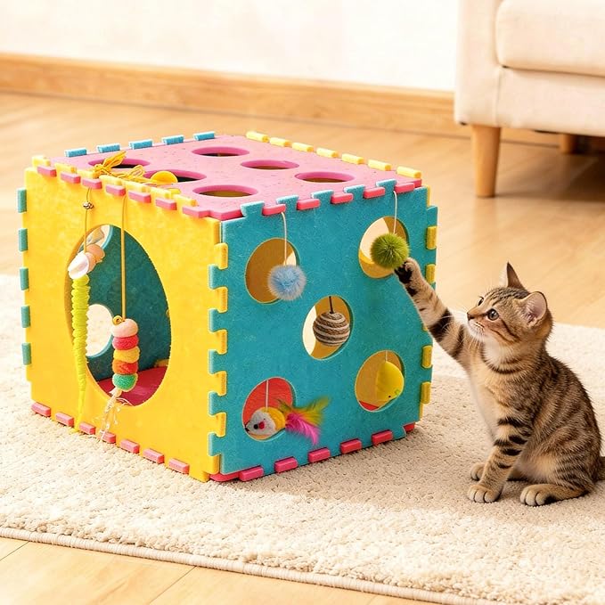 MOYMO 41 Pcs Interactive Cat Toys for Indoor Cats, Kitten Toys with Cute Cat House Bed, Catnip Toys, Chew Rope, Feather Wand, Springs and Balls for Indoor Kittens