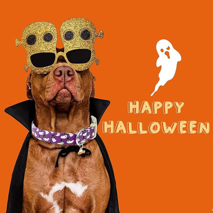Faygarsle Halloween Dog Collar with Charm, Purple with Ghost Pattern, Adjustable Pet Collar for Small Medium Large Dogs,M