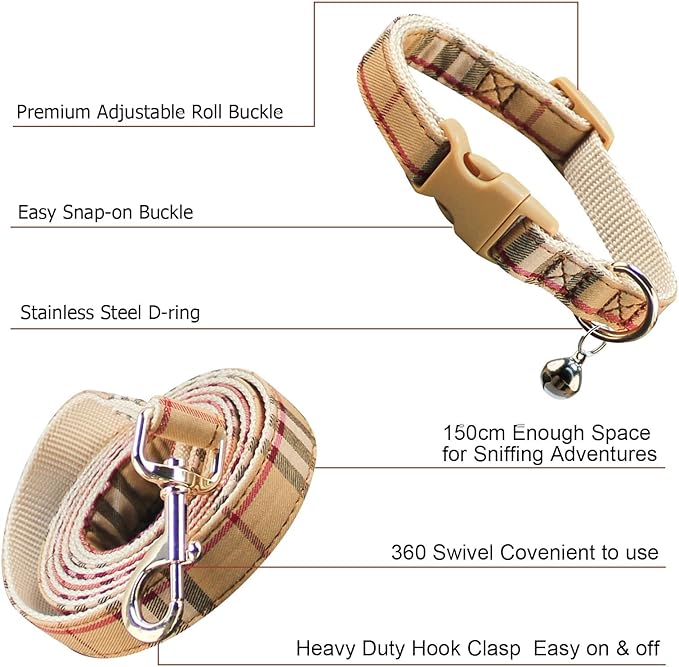 NISIYE Cute Plaid Dog Collar Harness and Leash with Safety Buckle - Adjustable and No Pull Comfortable Dog Collars for Small Puppy, Stylish Durable Gift for Boy Girl Pets