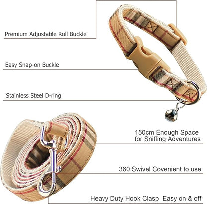 NISIYE Cute Plaid Dog Collar Harness and Leash with Safety Buckle - Adjustable and No Pull Comfortable Dog Collars for Small Puppy, Stylish Durable Gift for Boy Girl Pets