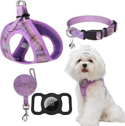 EXPAWLORER Classic Plaid Puppy Harness - Small Dog Harness and Leash Set - Dog Collar and Leash Set with AirTag Holder, Soft Padded Step in Dog Vest Harness No Pull Reflective for Outdoor, Purple XXS