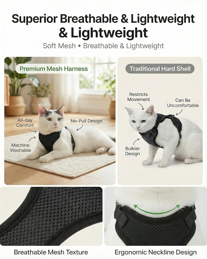 Luxelle 2 Pack Escape-Proof Cat Harness and Leash Set for Walking – Adjustable No Pull Soft Vest with Easy-Wear Buckle, Reflective Straps, Breathable Mesh – Outdoor Travel Harness for Cats & Kittens