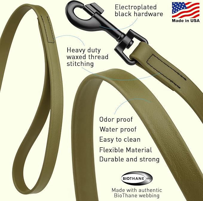 Dogline Biothane Waterproof Dog Leash Strong Coated Nylon Webbing with Black Hardware Odor-Proof Easy to Clean High Performance for Small or Large Dogs Made in USA 4 or 6 ft Lead, Olive Drab Green