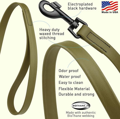 Dogline Biothane Waterproof Dog Leash Strong Coated Nylon Webbing with Black Hardware Odor-Proof Easy to Clean High Performance for Small or Large Dogs Made in USA 4 or 6 ft Lead, Olive Drab Green