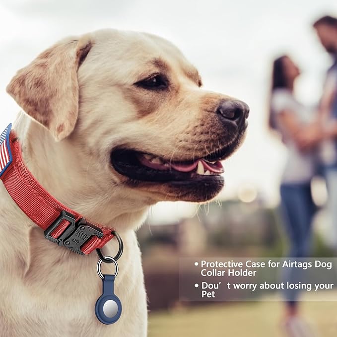 DAGANXI Tactical Dog Collar, Adjustable Military Training Nylon Dog Collar with Control Handle and Heavy Metal Buckle for Medium and Large Dogs, with Patches and Airtags Case (Red, L)