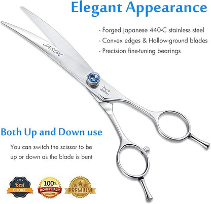 JASON 7" Curved Dog Grooming Scissors, Ergonomic Pets Cats Trimming Shears with Offset Handle and a Jewelled Screw for Right Handed Groomers, Sharp, Comfortable Christmas Gift