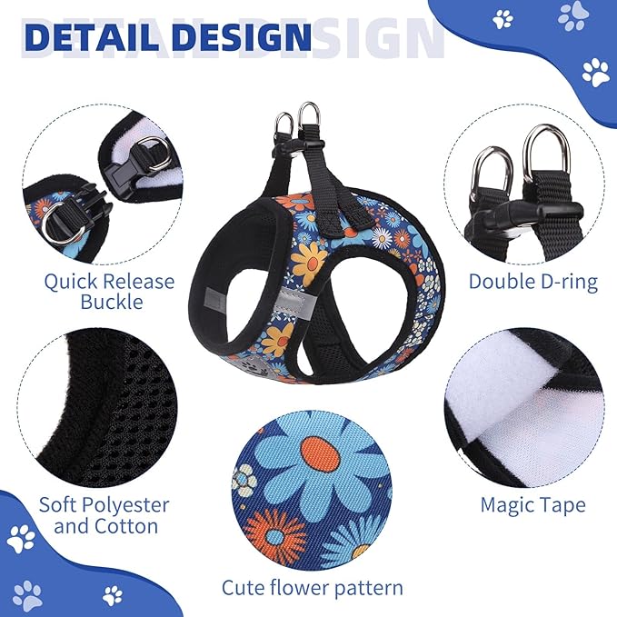 KOOLTAIL Dog Harness and Leash Set for Small Medium Dogs, Step in No Pull Comfort Padded Pet Vest, Adjustable Reflective Easy Walking Puppy Cats Harness Training, Flower Navy M