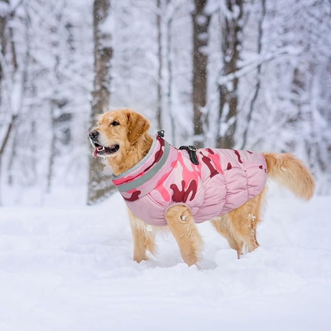 Lelepet Warm Dog Winter Coat Dog Coats for Small Dogs Waterproof Dogs Jacket with Harness Built in Reflective Cold Weather Coats Windproof Zip-Up Winter Fleece Vest Snowsuit Chihuahua Pink Camo
