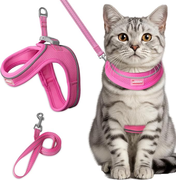 Cat Harness and Leash Set,Escape Proof Kitten Harness,Step in Adjustable Soft Lightweight,Easy Control,Reflective Strips Comfortable for Walking Travel(Pink,M)