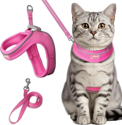 Cat Harness and Leash Set,Escape Proof Kitten Harness,Step in Adjustable Soft Lightweight,Easy Control,Reflective Strips Comfortable for Walking Travel(Pink,M)