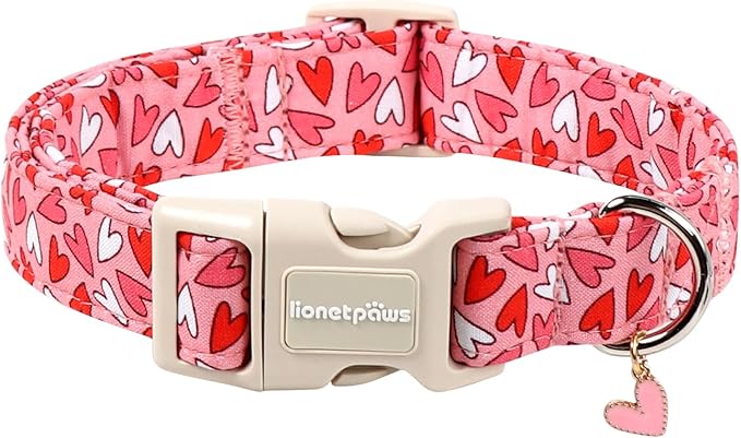 Lionet Paws Valentine's Day Dog Collars - Pink Dogs Collar with Plastic Buckle and Heart Pendant,Dog Collar for Medium Large Dogs