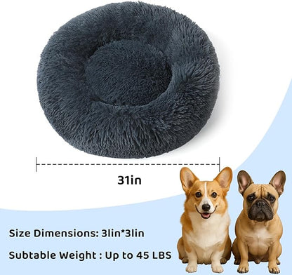 Large Donut Washable Dog Bed for Medium Size Dog, Round Calming Soft Cat Cuddler,Anti Anxiety Cozy Soft Sofa,Fluffy Faux Fur Plush Cushion-31''-Dark Grey