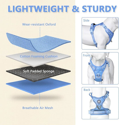 PoyPet No Pull Dog Harness, No Choke Reflective Dog Vest, Adjustable Pet Harnesses with Easy Control Padded Handle for Small Medium Large Dogs(Light Blue Matching Trim,S)