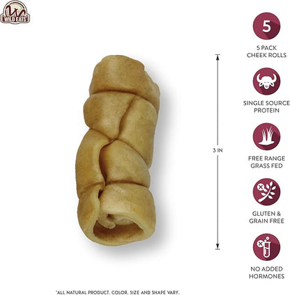 Wild Eats Water Buffalo Retriever Style Cheek Roll 3" Dog Chews-5 Pack (Long Lasting Dog Chews Treats & Bones for Medium Dogs) Substitute for Pig Ears for Dogs
