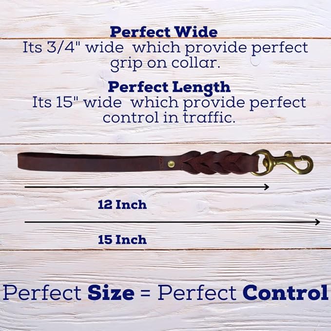 Leather Short Dog Leash 15 Inch - Short Dog Traffic Lead for Large Dogs Training and Walking - Braided Leather Tab for Large Dogs - Full Grain Heavy Duty. (Brown, 1 FT)