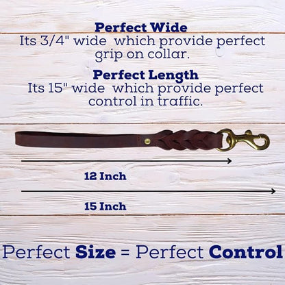 Leather Short Dog Leash 15 Inch - Short Dog Traffic Lead for Large Dogs Training and Walking - Braided Leather Tab for Large Dogs - Full Grain Heavy Duty. (Brown, 1 FT)