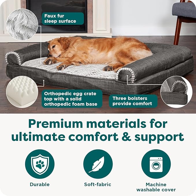 Furhaven Orthopedic Dog Bed for Large/Medium Dogs w/ Removable Bolsters & Washable Cover, For Dogs Up to 55 lbs - Luxe Faux Fur & Performance Linen Sofa - Charcoal, Large