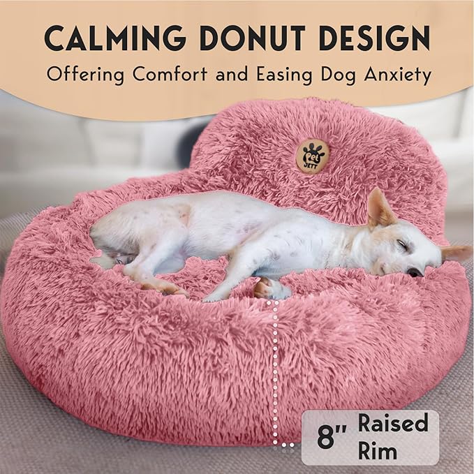 PetJett Calming Medium Dog Bed - 30'' Round Dog Beds, Anti-Slip & Washable Super Soft Fluffy Plush Donut Bed, Anti-Anxiety Premium Comfort Pet Bed, Fits Dogs up to 45 lbs - Pink