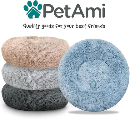 PetAmi Calming Dog Bed for Small & Medium Dogs and Cats, 23” Round Donut Dog Bed, Washable Fluffy Faux Fur Puppy & Cat Bed, Anti-Anxiety Plush Cuddler Pet Bed with Anti-Slip Bottom - Dark Gray